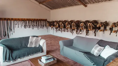 The estate tack room with saddles and country furnishings