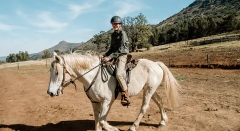 A mounted rider crossing the farm track