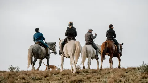 A mounted party silhouetted against the sky