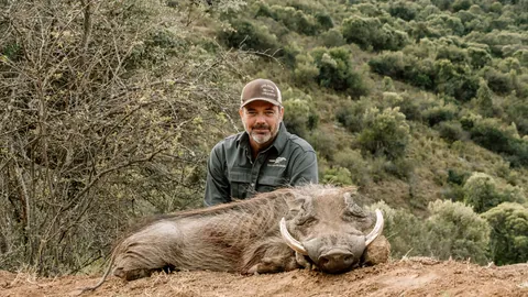 A huntsman with a warthog in the mountain country